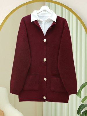 Bordo Önü Düğmeli Çift Cepli Yumoş Triko Hırka