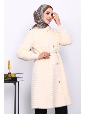 Krem Bel Lastikli Angora Kürk Kaban