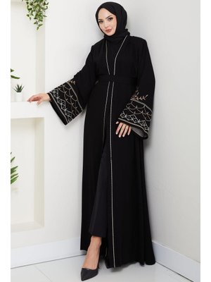 Siyah Nakışlı Kuşaklı Abaya