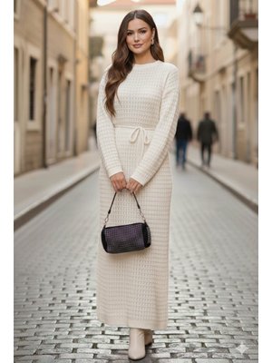 Ekru Palmiye Fileli Triko Elbise