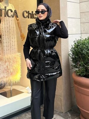 Fermuarlı Çıt Çıtlı Cepli Siyah Parlak Şişme Yelek