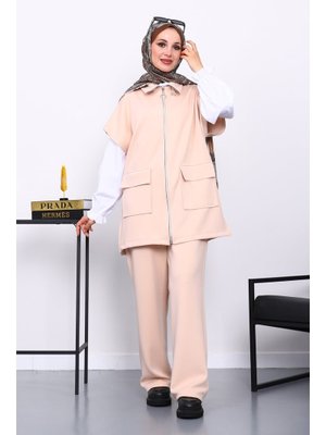 Bej Fermuarlı Yelek Pantolonlu Scuba Takım