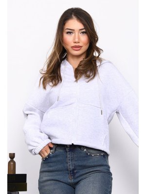 Açık Gri Sağ Kol Fermuarlı Cepli Üç İplik Sweat Hırka