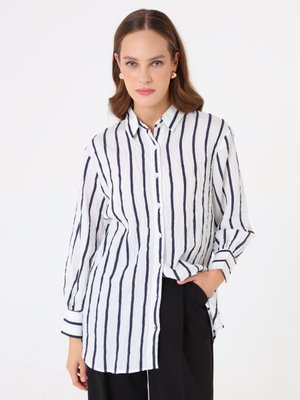 Çizgili Klasik Bluz / Gömlek Lacivert Cizgili