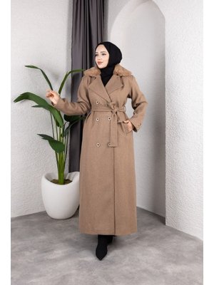 Kruvaze Kürk Yaka Kuşaklı Tam Boy Manto Kaban