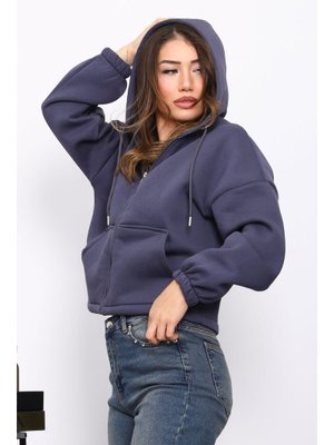 Füme Sağ Kol Fermuarlı Cepli Üç İplik Sweat Hırka