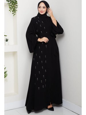 Siyah Kuşaklı Çiçek Taşlı Ferace