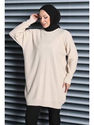 Krem Çima Detaylı Triko Tunik