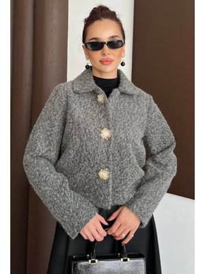 Gri Tedy Çiçek Düğmeli Ceket