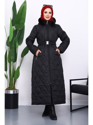 Siyah Kapüşonlu Kapitone Uzun Şişme Mont