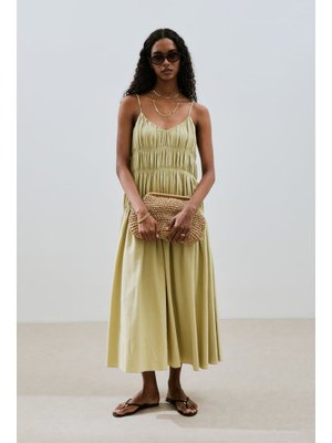 Yeşil Dokulu Büzgü Detaylı Elbise Soft