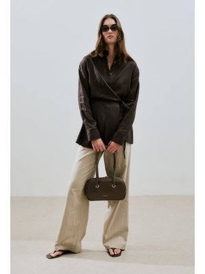 Acı Kahve Keten Bağlama Detaylı Gömlek