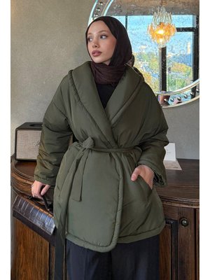 Koyu Haki Düz Kuşaklı Şişme Mont