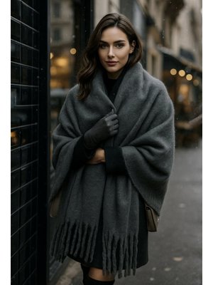 Antrasit Püskül Detay Atkı Omuz Şalı 40x200 Cm 1295