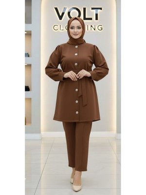 Kahverengi Metal Düğmeli Scuba Pantolonlu İkili Takım