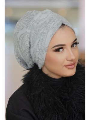 Beyaz Gri Kışlık Büzgülü Bone