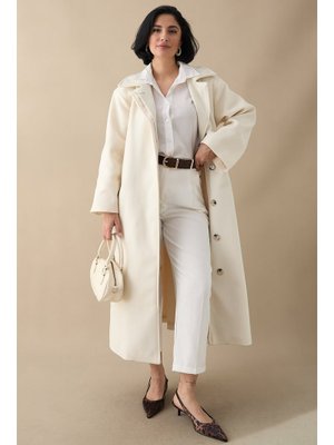 Astarlı Gizli Patlı Kuşaklı Krem Kaşe Kaban