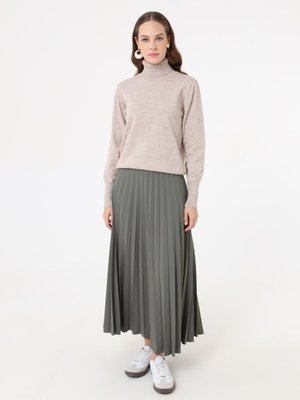 Haki Krep Kumaşlı Piliseli Klasik Etek