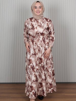 Kahverengi Bağlamalı Detaylı Desenli Elbise