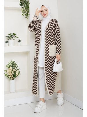 Zebra Desenli Çelik Örgü Cepli Triko Hırka