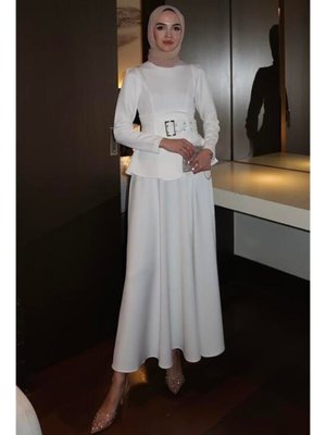 Ekru Volan Kemerli Scuba Elbise