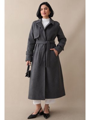 Tek Kapaklı Cepli Kuşaklı Antrasit Kaşe Kaban