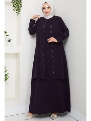 Mor Büyük Beden Boncuklu Taşlı Anne Elbisesi
