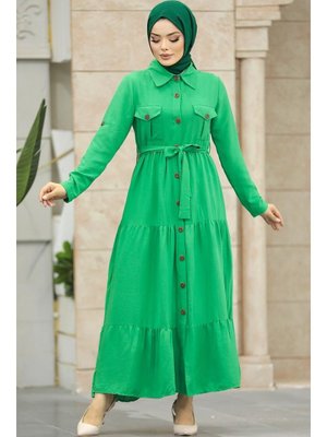 Düğmeli Yeşil Elbise 40971y