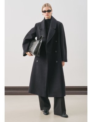 Siyah Kruvaze Yün Palto