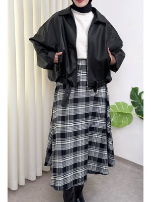 Siyah Kemer Detaylı Bomber Suni Deri Ceket