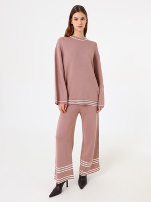 Koyu Pudra Çizgi Detaylı Kazak & Pantolon Triko Takım