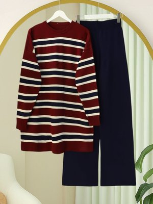 Bordo Yuvarlak Yaka Renkli Çizgili Salaş Triko Takım