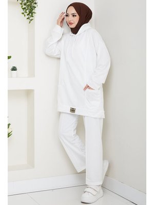 Beyaz Çift Cepli Kapüşonlu İkili Takım