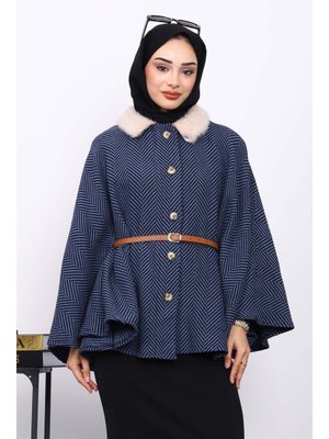 İndigo Yaka Kürklü Kemerli Panço