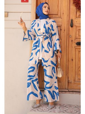Desenli İndigo Mavisi İkili Kimono Takım 12123ım