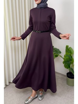 Mor Scuba Suni Deri Kemerli Elbise