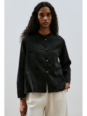 Siyah Keten Önden Düğmeli Gömlek