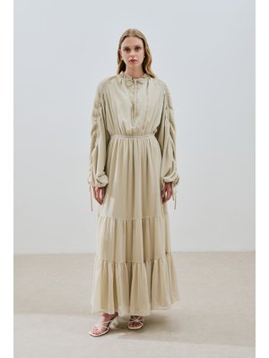 Uzun Büzgülü Şifon Elbise Adaçayı