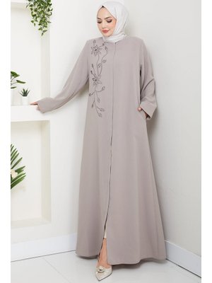 Bej Çiçek Detay Taşlı Ferace