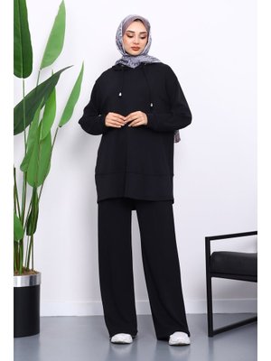Siyah Kapüşonlu Tunik Pantolonlu Takım