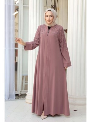 Boncuk İşlemeli Açık Gül Kurusu Abaya 29110agk