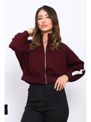 Mürdüm Fermuarlı Üç İplik Sweat Hırka