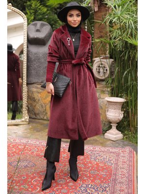 Bordo Kolları Örgü Detaylı Angora Kaban