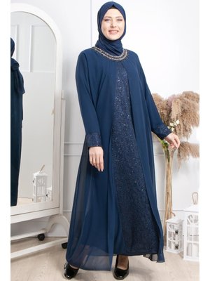 Lacivert Taş İşlemeli Şifon Abiye