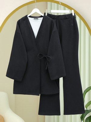 Siyah Çapraz Bağlamalı Selanik Kimono Takım
