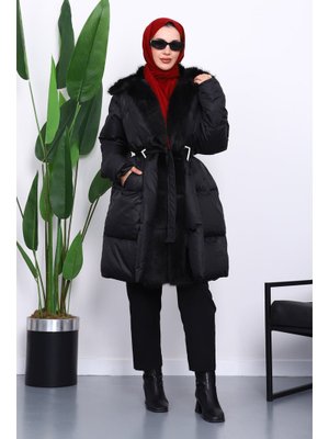 Siyah Yaka Kürklü Kemer Detaylı Şişme Mont