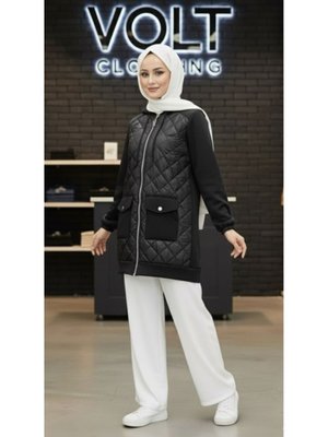 Siyah Cep Detaylı Kapitone Desenli Mont