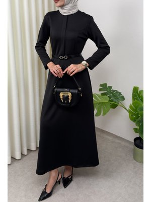 Siyah Scuba Suni Deri Kemerli Elbise