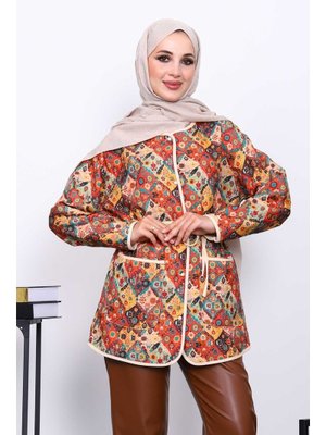 Yeşil Etnik Desenli Cepli Ceket