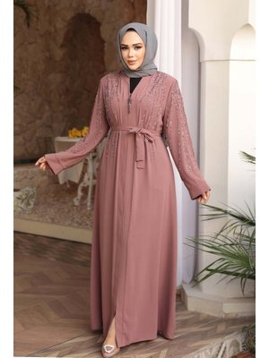 Boncuk İşlemeli Açık Gül Kurusu Abaya 29111agk